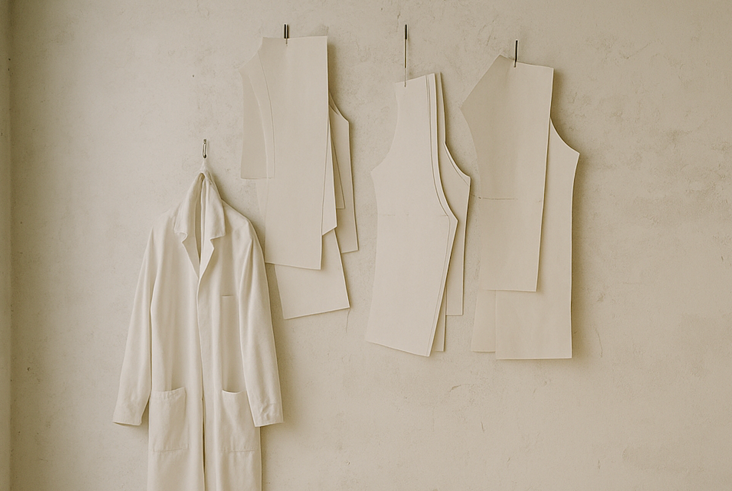 Beige dress form and coat on a beige wall