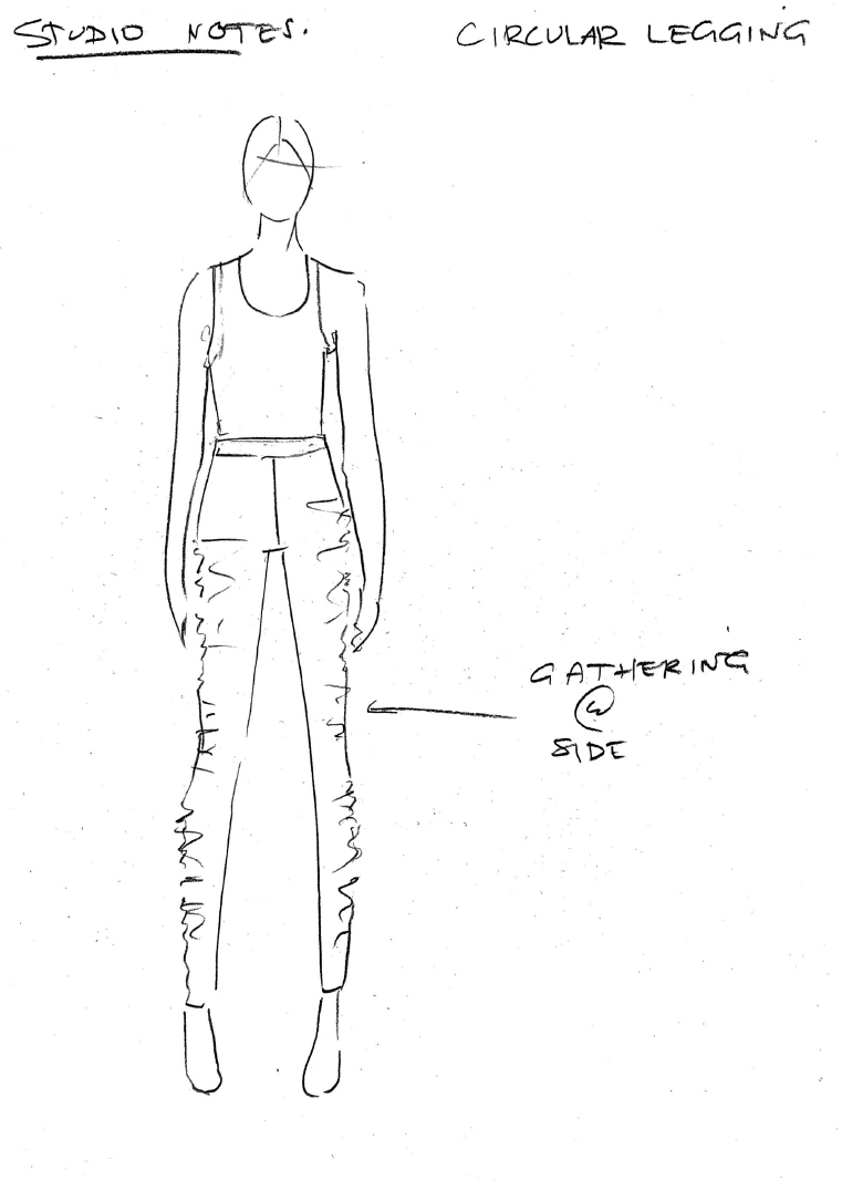 Fashion design sketch of circular legging with notes on gathering side.